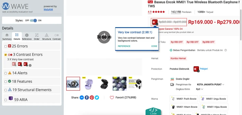 WAVE Accessibility Audit Scan on Shopee PDP