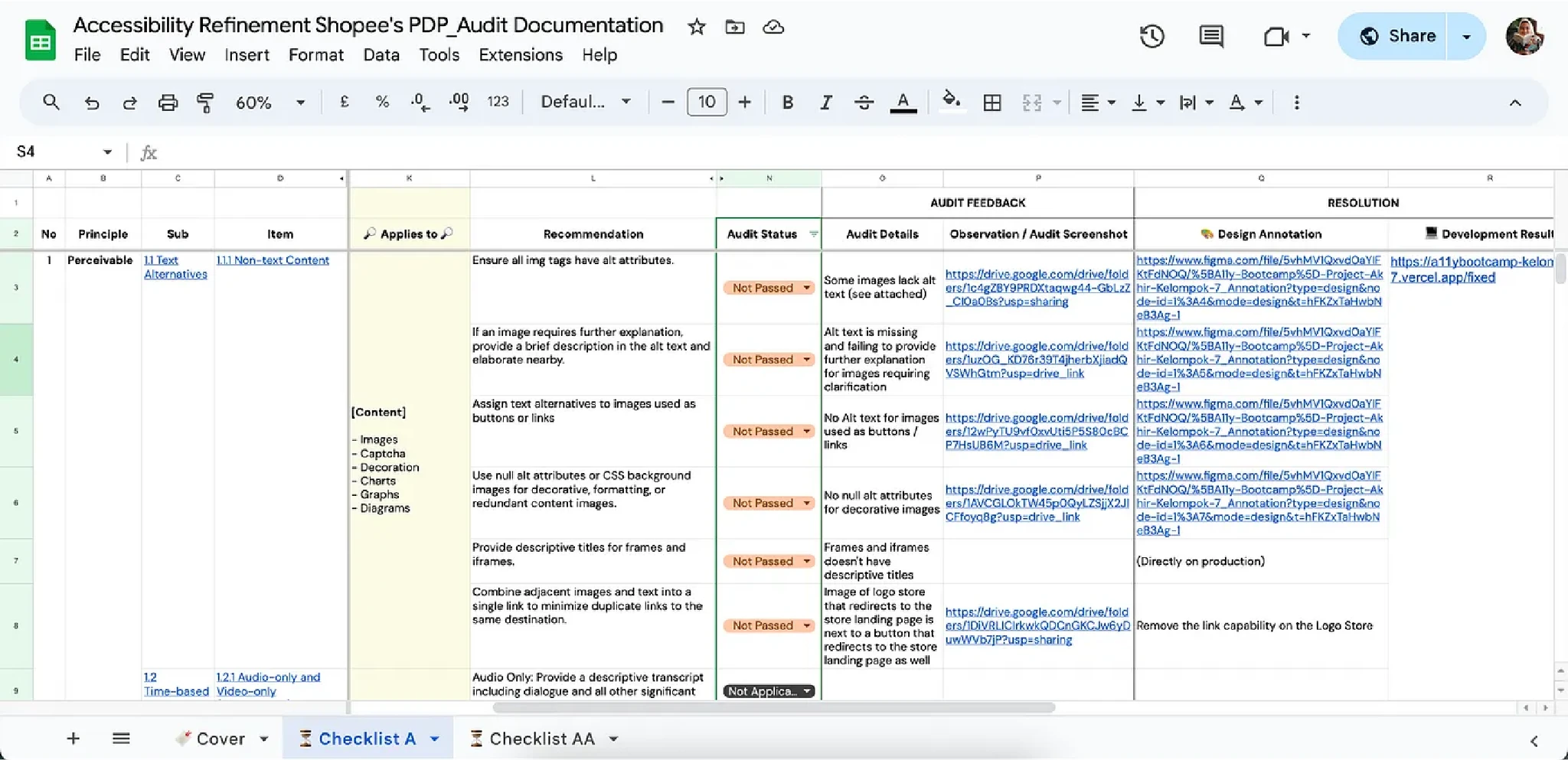 Accessibility Audit Documentation spreadsheet overview
