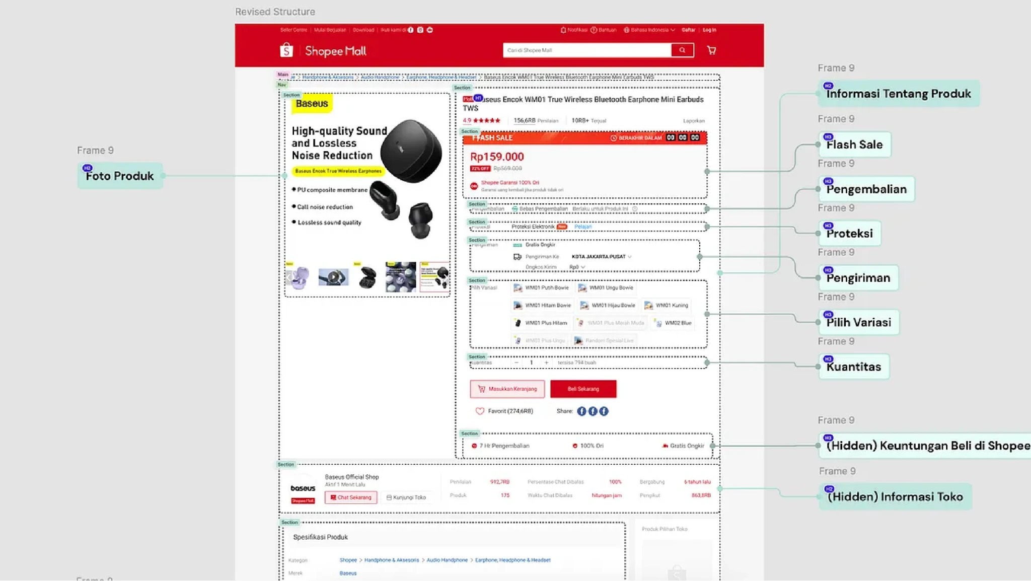 Figma design annotations specifying heading hierarchy, alt texts, and ARIA labels